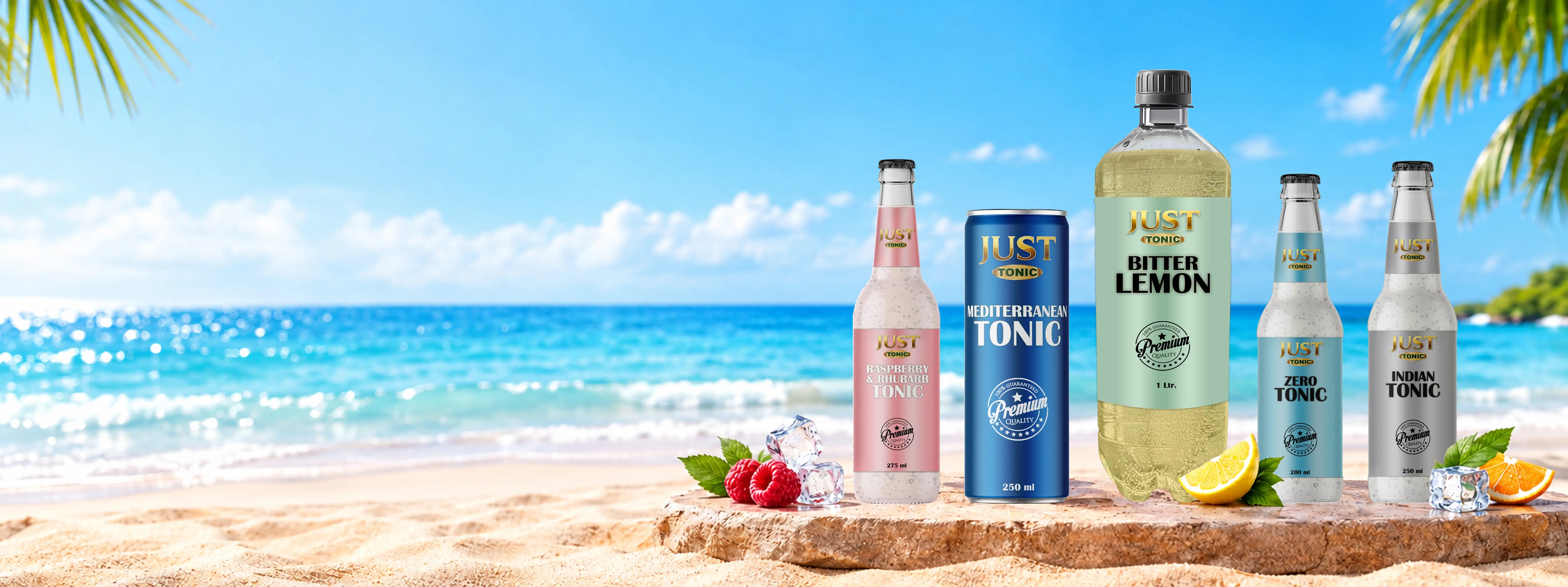 JUST Tonic range featuring Raspberry and Rhubarb, Spanish Clementine, Mediterranean, Bitter Lemon, and Indian Tonic in assorted bottle and can sizes on a tropical beach.
